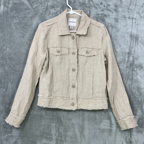 Tommy Bahama Jackets & Blazers - Tommy Bahama 100%  Linen Small Jacket  Beige Raw Edge Button Up  Neutral Summer